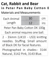 Knitting Pattern - Peter Pan 1309 - DK - Cat, Rabbit and Bear